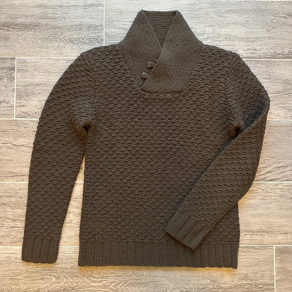 Dark brown soft knit wool shawl collar sweater.